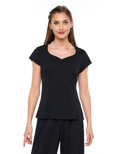 Britney heart shaped neck cap sleeve blouse in black, featuring a flattering fitted silhouette with a sweetheart-inspired neckline, styled with black pants for an elegant women’s formal and performance wear look.