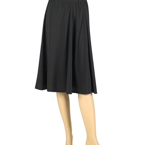 Jocelyn mid-calf length skirt in black featuring a flowy A-line silhouette with elastic waistband, designed for dance, performance, and formal stage wear.