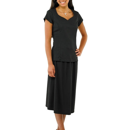 Jocelyn mid-calf length black skirt paired with a fitted short-sleeve top, featuring a smooth drape and elegant silhouette ideal for dance, performance, choir, and formal stage wear.