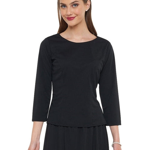 Demi high scoop neck 3/4 sleeve blouse in black, featuring a clean high neckline, three-quarter sleeves, and a tailored fit, ideal for professional uniforms, office wear, or classic women’s formal styling.