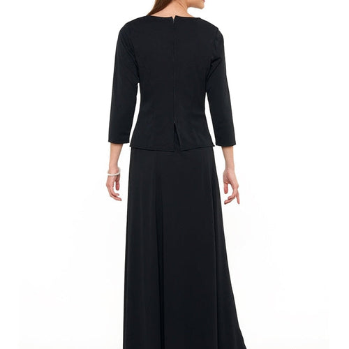 Back view of the Demi high scoop neck 3/4 sleeve blouse in black, showcasing a clean rear silhouette with tailored fit, three-quarter sleeves, and a subtle back seam, designed for professional uniforms and women’s formal or office wear.