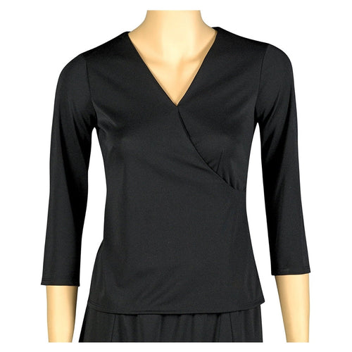 Crystal crossover 3/4 sleeve blouse for women in black, featuring a flattering wrap-style V-neck design and tailored fit, ideal for formal, work, or performance wear.