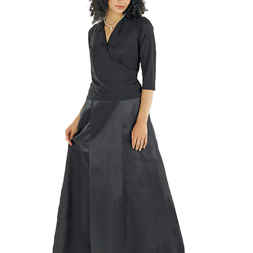 Crystal crossover 3/4 sleeve blouse for women in black, styled with a wrap-front V-neck and fitted silhouette, paired with a long skirt for an elegant, formal, or performance-ready look.