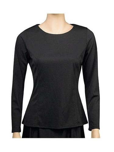 Lucy high scoop neck long sleeve blouse in black on mannequin, featuring a clean high scoop neckline, full-length sleeves, and a smooth tailored fit, ideal for women’s professional uniforms, office wear, or formal attire.