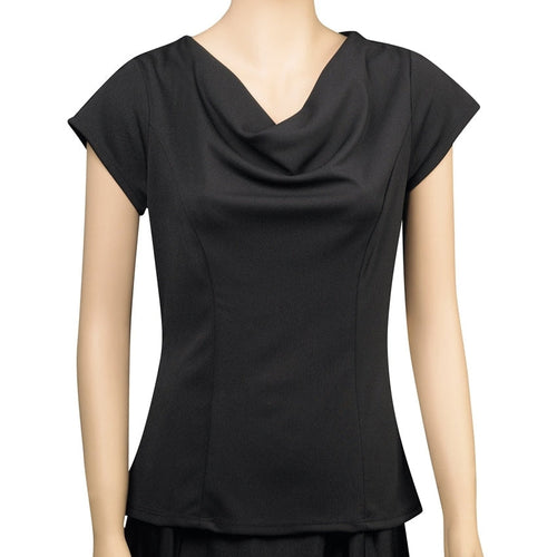 Priscilla cowl neck cap sleeve blouse in black, featuring a softly draped neckline and tailored fit, ideal for professional uniforms, office wear, or elegant women’s formal styling.