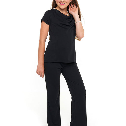 Young girl wearing classic white pearl stud earrings paired with a black performance outfit, showcasing elegant pearl jewelry ideal for choir, recital, concert performances, formal events, and special occasions.
