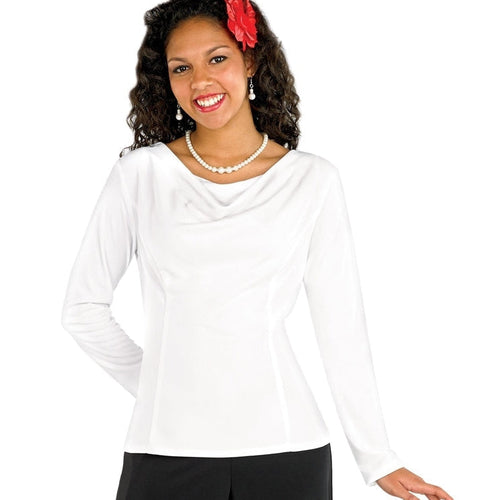 Amanda cowl neck long sleeve blouse for women in white, featuring a soft draped neckline and flattering fitted shape, perfect for office wear, formal occasions, or elegant evening styling.