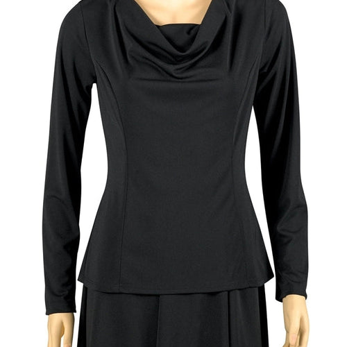 Amanda cowl neck long sleeve blouse for women in black, featuring a draped neckline and fitted silhouette, ideal for formal, office, or evening wear.