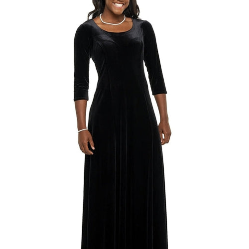 Front view of Sydney velvet scoop neck dress in black, featuring a luxurious velvet fabric, elegant scoop neckline, fitted bodice, 3/4 length sleeves, and a flowing floor-length skirt, designed for formal performances, choir events, and refined stage appearances.