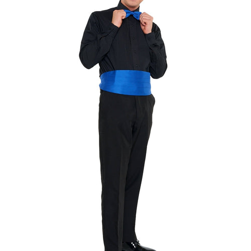 Male model wearing a blue poly satin bow tie with matching cummerbund, paired with a black formal shirt and trousers, showcasing a classic tuxedo look suitable for weddings, proms, formal events, school performances, and stage attire.