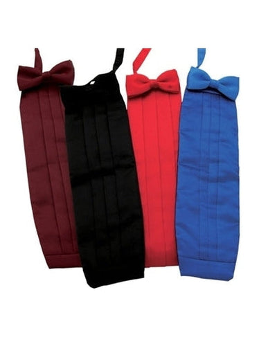 Poly satin cummerbunds with matching bow ties in burgundy, black, red, and royal blue, featuring pleated front design, ideal for formal wear, weddings, school uniforms, hospitality staff, and performance attire.