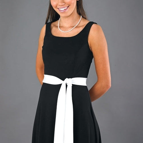 Sasha long satin sash dress in black featuring a sleeveless scoop neckline and elegant white satin waist sash, designed for women’s formal events, choir performances, and concert wear.