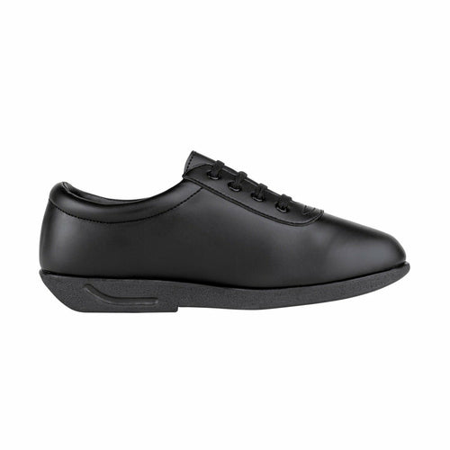 StylePlus Impact Shoes in black, featuring a streamlined low-profile design with smooth leather upper, lace-up closure, and cushioned sole, engineered for marching band, drill team, and performance use where flexibility, shock absorption, and all-day comfort are essential.