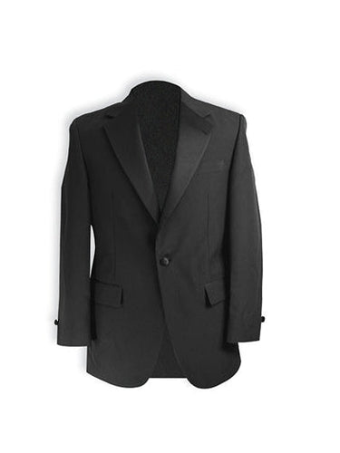 Black polyester tuxedo coat displayed, featuring classic notch lapels, single-button front, and tailored formal fit, ideal for tuxedos, performances, weddings, and formal events.