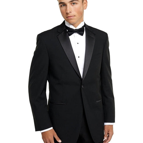 Men’s polyester tuxedo coat in classic black with satin peak lapels, styled with a white dress shirt and black bow tie, ideal for formal events, performances, weddings, and stage wear.