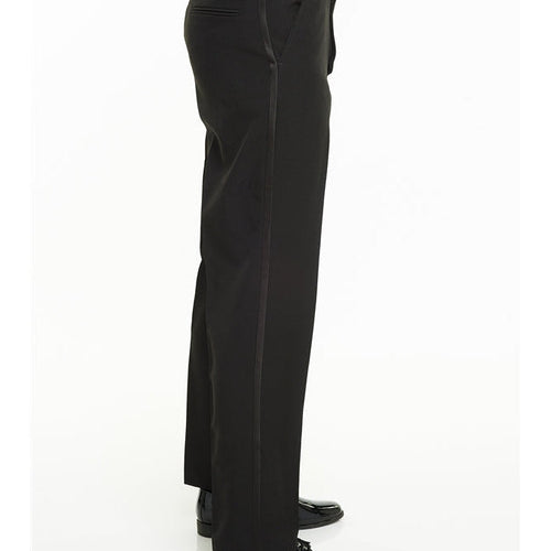 Side view of men’s black polyester adjustable tuxedo trousers showcasing a tailored straight-leg silhouette, satin side stripe detail, adjustable waist buckle, and polished formal finish, ideal for tuxedos and formal wear.