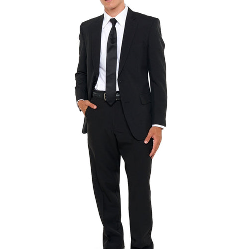 Laydown collar non-pleated white dress shirt styled with a classic black suit and tie, worn by a male model to showcase smooth front design, tailored fit, and formal men’s business or event attire.