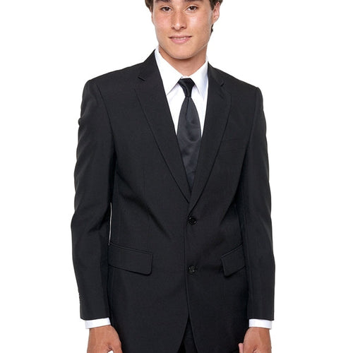 Men’s black polyester suit coat worn by a model, featuring a classic two-button design with notch lapels, tailored fit, and formal styling, suitable for business wear, events, and formal occasions.