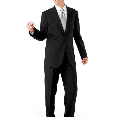 Men’s black polyester suit coat styled on a model, featuring a classic two-button front, notch lapels, and tailored fit, paired with matching trousers and tie, ideal for business, formal events, and professional occasions.