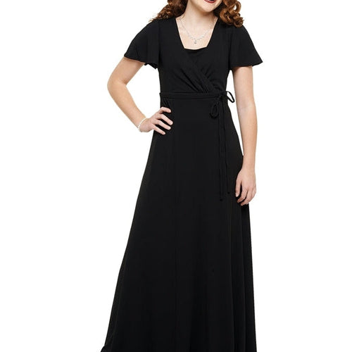 Sophia Crossover Flutter Sleeve Dress in black, featuring a wrap-style bodice with flutter sleeves and a flowing floor-length skirt, worn by a female model for show choir, choir performance, and formal stage wear.