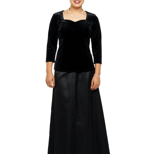 Rosalena satin floor-length concert skirt in black, paired with a velvet three-quarter sleeve performance top, featuring an elegant drape ideal for choir, orchestra, and formal concert attire.