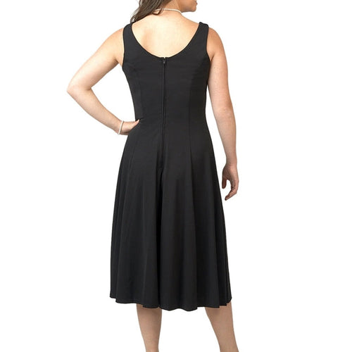 Back view of the Hannah scoop neck sleeveless swing dress in black, showcasing the clean scoop neckline, fitted bodice, flowing A-line skirt, and full-length zipper designed for show choir and stage performances.