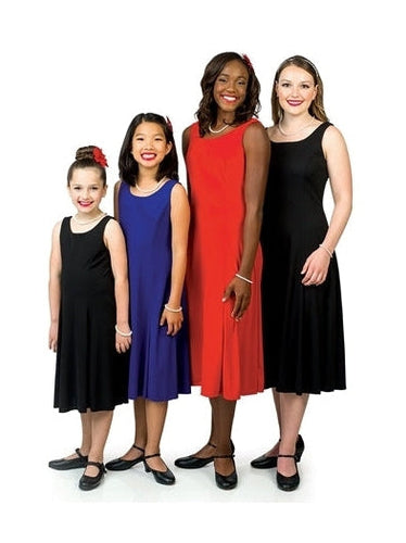 Group of performers wearing the Hannah scoop neck sleeveless swing dress in black, royal blue, and red, featuring adult and youth sizes with a relaxed A-line silhouette designed for coordinated show choir and stage performances.