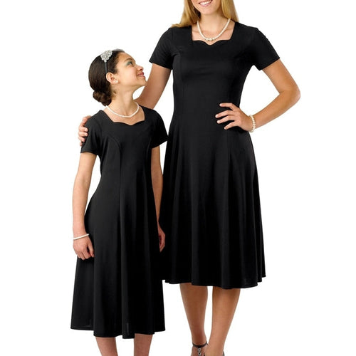 Valentina Sweetheart Neck Short Sleeve Show Choir Dress worn by adult and youth performers in matching black choir dresses, ideal for show choir, vocal ensembles, and stage performances.