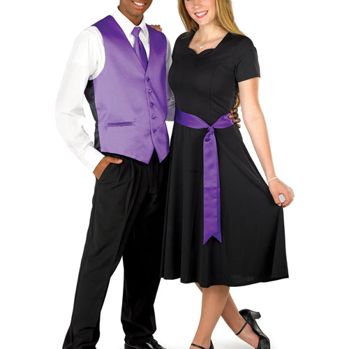 Sasha long satin sash dress in black worn by a female performer, styled with a purple satin waist sash, paired with a coordinated male formal outfit, ideal for choir uniforms, concert performances, and formal ensemble wear.