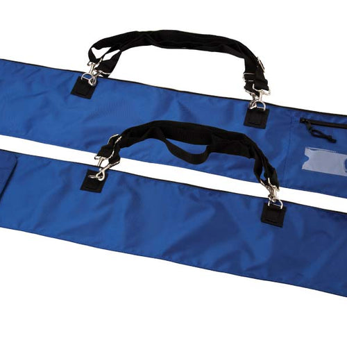 DSI 42-inch compact equipment bag shown in blue and black, featuring durable fabric construction, reinforced ends, zippered closure, carry handles, shoulder strap attachments, and accessory pockets for marching band and color guard equipment storage.