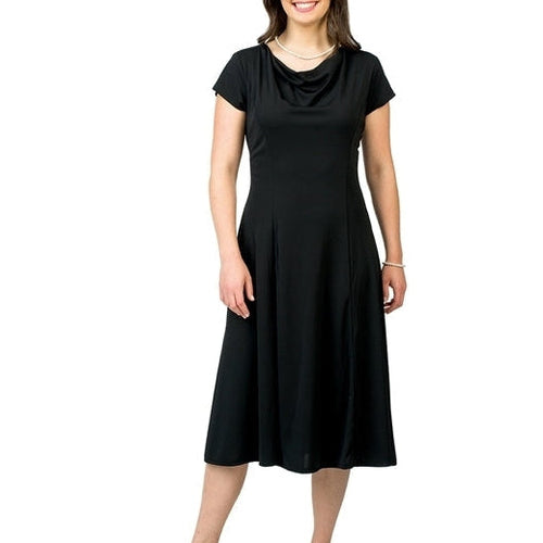 Paris cowl neck cap sleeve show choir dress in black with flowing A-line skirt, elegant performance dress for choir and stage wear