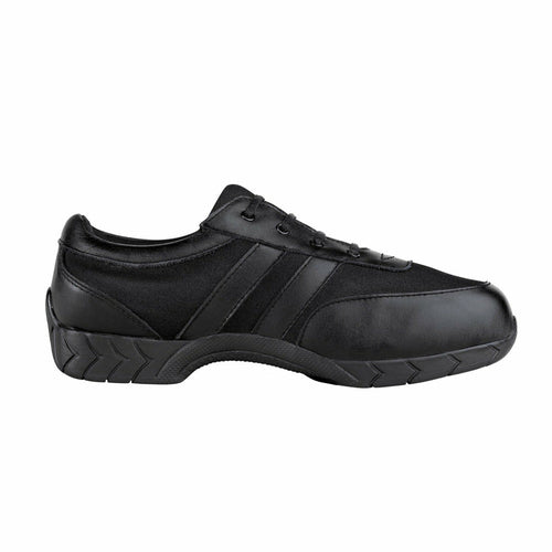 StylePlus Kulerswift black lace-up performance shoe shown in side profile, featuring a durable leather upper, cushioned support, and rugged non-slip outsole designed for marching band practice, long rehearsals, and stage performances.