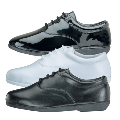 StylePlus Pinnacle marching shoes shown in black patent, white, and matte black finishes, featuring a polished low-profile silhouette, lace-up design, smooth leather and synthetic uppers, cushioned sole, and stable heel construction designed for marching band, drum corps, and performance ensembles requiring precision, durability, and a clean uniform appearance.