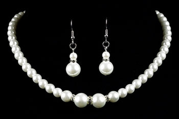 Strung pearl and diamond necklace set with matching drop earrings, featuring white round pearls and subtle crystal accents, ideal for formal events, concerts, choir performances, weddings, and special occasions.