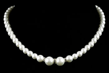 Strung pearl and diamond necklace featuring white round pearls with subtle crystal accents, set against a black background, ideal for formal wear, concerts, choir performances, weddings, and elegant special occasions.