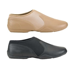 StylePlus Releve Platinum slip-on dance shoes shown in beige and black color options, featuring a low-profile sole and flexible design for performance, practice, and stage comfort.