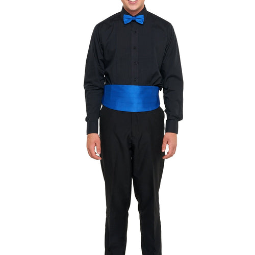 Laydown collar pleated tuxedo shirt in black worn with blue cummerbund and matching bow tie, featuring a classic pleated front and formal styling for performances, proms, and special events.