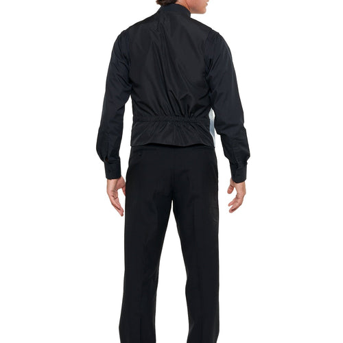 Back view of a male model wearing the Stanley Deluxe Satin Vest in black, styled with a black dress shirt and black trousers, highlighting the adjustable back and sleek satin finish designed for formal wear, stage performances, and show choir uniforms.