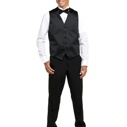 Male model wearing the Stanley Deluxe Satin Vest in black, paired with a white tuxedo shirt, black bow tie, and black dress pants, showcasing a formal satin vest ideal for weddings, proms, show choir, and stage performances.
