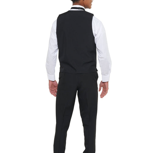 Back view of the Tyler Classic Vest in black, worn over a white dress shirt with a tailored formal fit, showcasing a sleek vest design ideal for weddings, formal events, and professional attire.