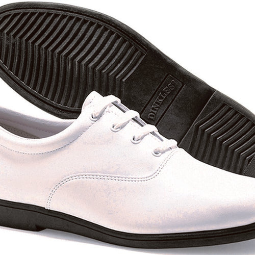 Dinkles Vanguard white marching shoe with contrasting black rubber sole, featuring smooth leather upper, lace-up design, and textured non-slip outsole, engineered for marching band performances, field shows, and parades with reliable traction, durability, and a clean, professional uniform look.