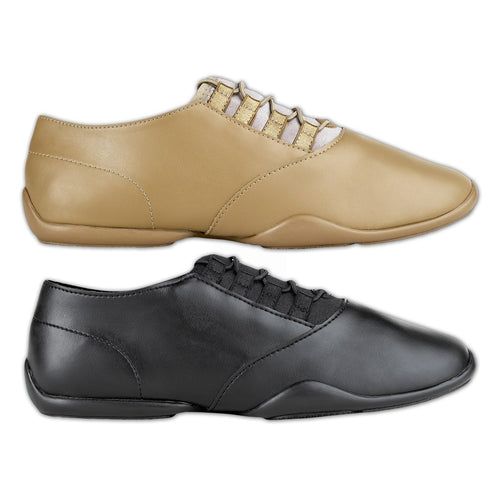 StylePlus Balance dance shoes shown in tan and black, featuring a streamlined lace-up design with smooth leather upper, flexible low-profile sole, and balanced construction for enhanced stability, control, and comfort during dance practice, training, rehearsals, and stage performances.