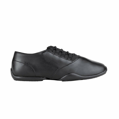 StylePlus Balance black dance shoe in side profile, featuring a sleek lace-up design with smooth leather upper, low-profile flexible sole, and ergonomic shape designed for balance, stability, and controlled movement during dance practice, rehearsals, and stage performances.