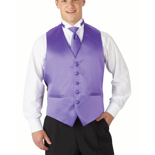 Male model wearing a deluxe satin pre-knotted Windsor tie and matching purple satin vest over a white dress shirt, styled with black formal trousers, showcasing a coordinated formalwear look ideal for weddings, proms, events, and professional uniforms.