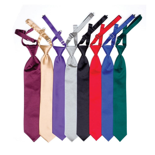 Deluxe satin pre-knotted Windsor ties displayed in multiple solid colors including burgundy, gold, purple, silver, black, red, blue, and green, featuring adjustable straps and a classic Windsor knot, ideal for formal wear, uniforms, weddings, and professional events.