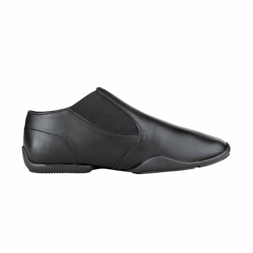 StylePlus Releve black slip-on dance shoe shown in side profile, featuring a smooth leather upper, elastic stretch panel for secure fit, and low-profile flexible sole designed for jazz dance, studio practice, rehearsals, and stage performances.