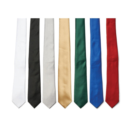Long self-tie neckties in multiple solid colors including white, black, silver, gold, green, blue, and red, featuring a classic satin finish ideal for formalwear, uniforms, weddings, and special occasions.