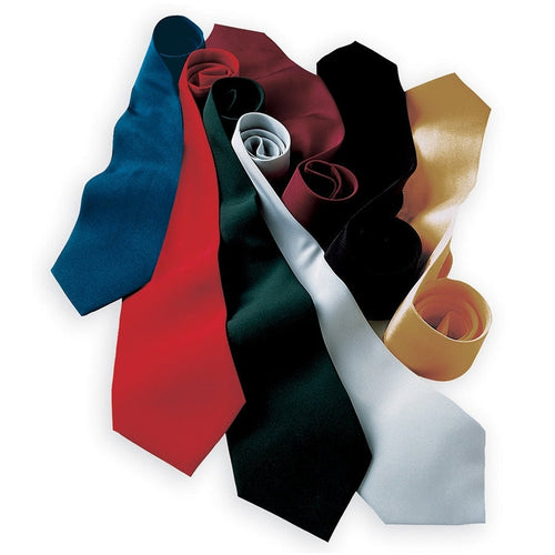 Long self-tie satin neckties displayed in assorted solid colors including blue, red, green, black, silver, gold, and maroon, featuring a smooth formal finish ideal for weddings, uniforms, corporate wear, and special occasions.