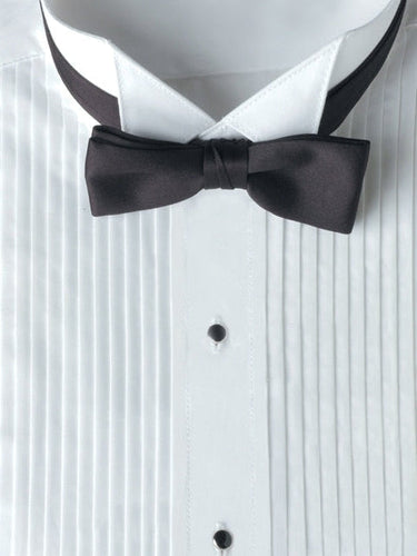 Close-up of a white wing tip collar pleated tuxedo shirt with vertical pleats, black satin bow tie, and formal stud buttons, designed for concerts, formal events, and performance wear.