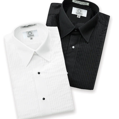 Laydown collar pleated tuxedo shirts in black and white, featuring classic pleated fronts and formal button styling, ideal for weddings, proms, and formal events.